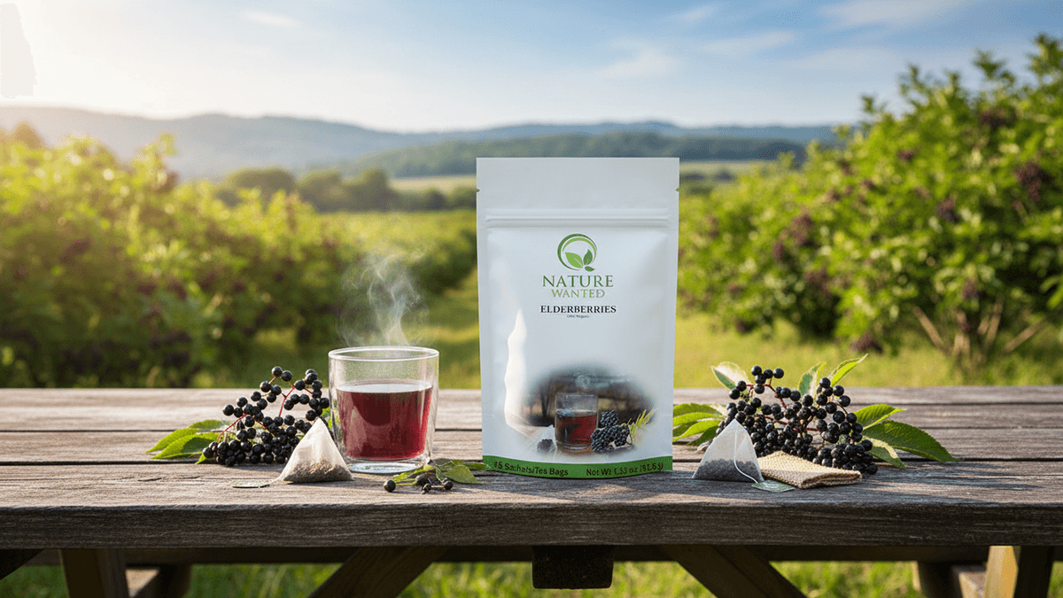 Nature Wanted Elderberry Tea brewed cup serving suggestion