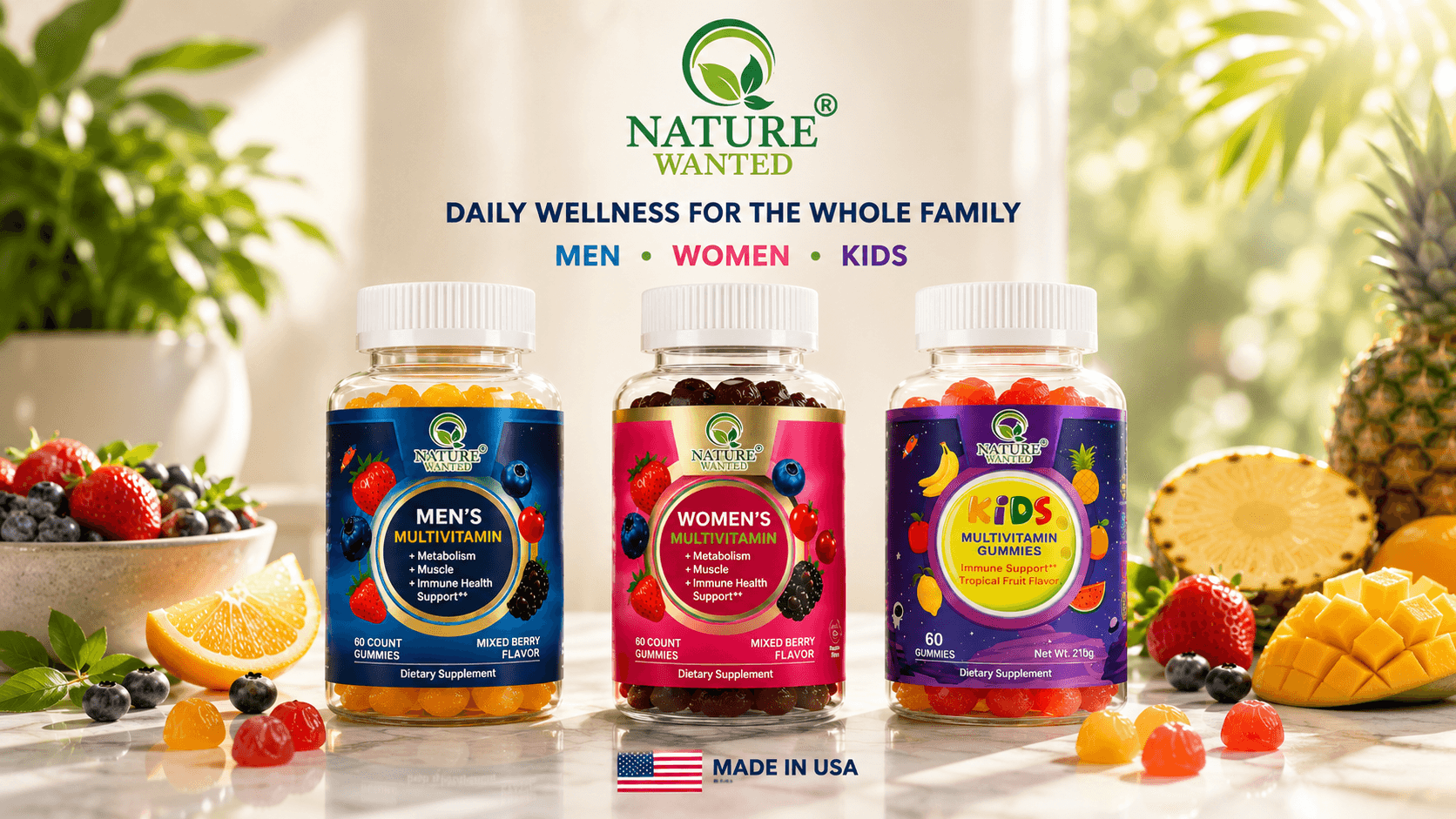Nature Wanted men’s, women’s, and kids’ gummy multivitamins surrounded by colorful fruit